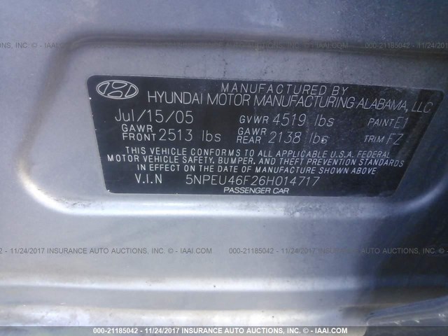 5NPEU46F26H014717 - 2006 HYUNDAI SONATA GLS/LX GRAY photo 9