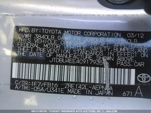 JTDBU4EE4C9179359 - 2012 TOYOTA COROLLA S/LE SILVER photo 9