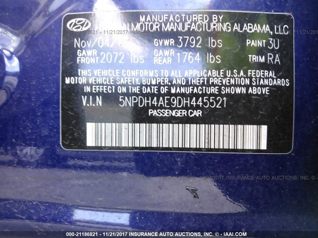 5NPDH4AE9DH445521 - 2013 HYUNDAI ELANTRA GLS/LIMITED BLUE photo 9