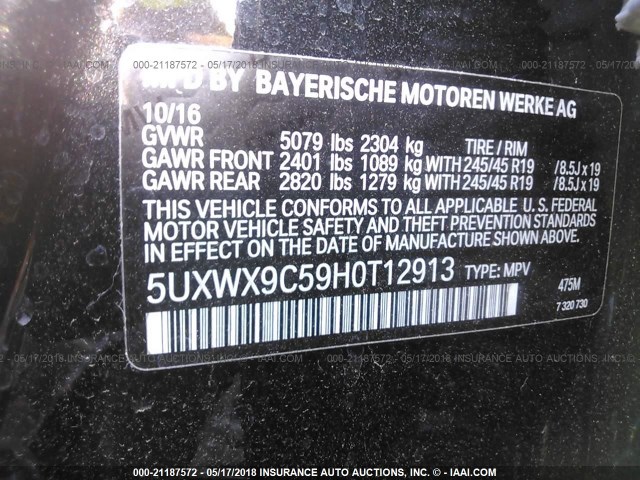 5UXWX9C59H0T12913 - 2017 BMW X3 XDRIVE28I BLACK photo 9