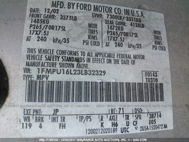 1FMPU16L23LB32329 - 2003 FORD EXPEDITION XLT Boz foto 9