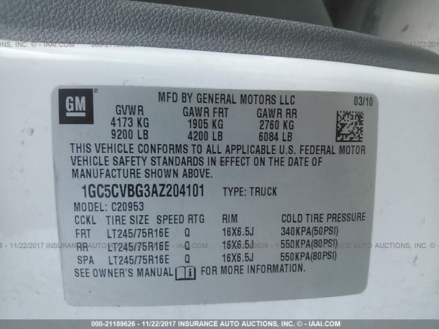 1GC5CVBG3AZ204101 - 2010 CHEVROLET SILVERADO C2500 HEAVY DUTY WHITE photo 9