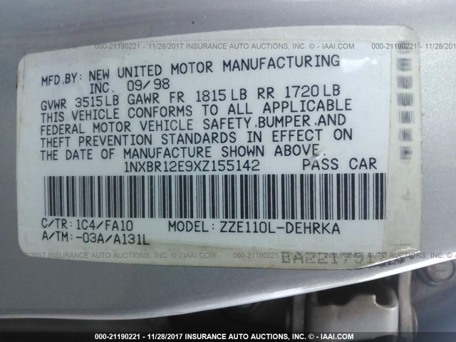 1NXBR12E9XZ155142 - 1999 TOYOTA COROLLA VE/CE/LE 灰色 照片 9