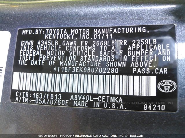 4T1BF3EK9BU702280 - 2011 TOYOTA CAMRY SE/LE/XLE 灰色 照片 9