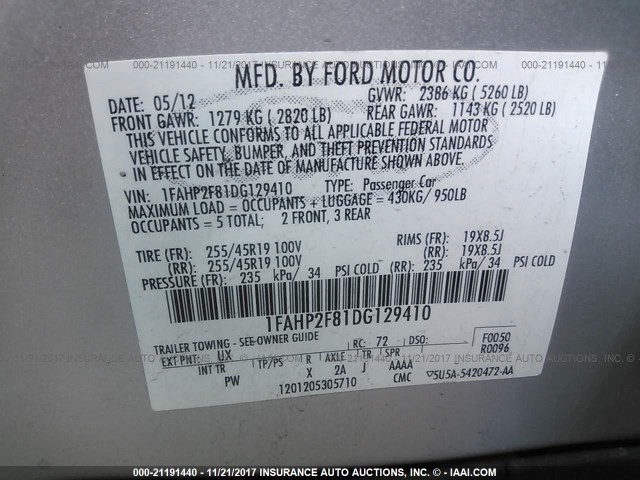 1FAHP2F81DG129410 - 2013 FORD TAURUS LIMITED SILVER photo 9