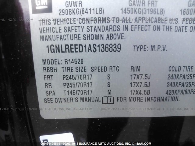 1GNLREED1AS136839 - 2010 CHEVROLET TRAVERSE LS BURGUNDY photo 9