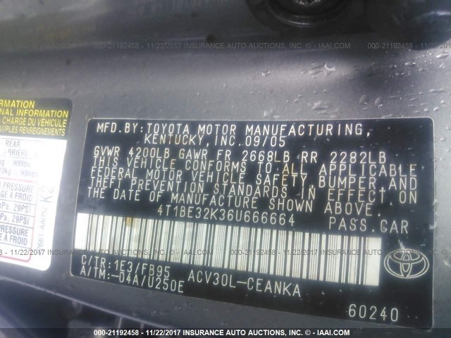 4T1BE32K36U666664 - 2006 TOYOTA CAMRY LE/XLE/SE GRAY photo 9