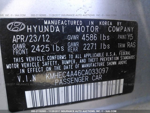 KMHEC4A46CA033097 - 2012 HYUNDAI SONATA HYBRID SILVER photo 9