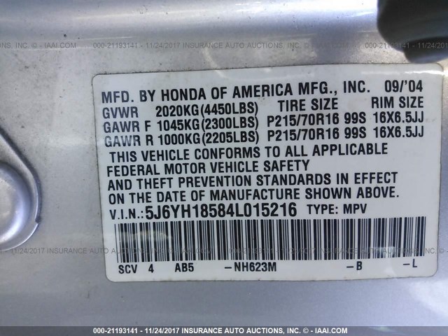 5J6YH18584L015216 - 2004 HONDA ELEMENT EX GRAY photo 9