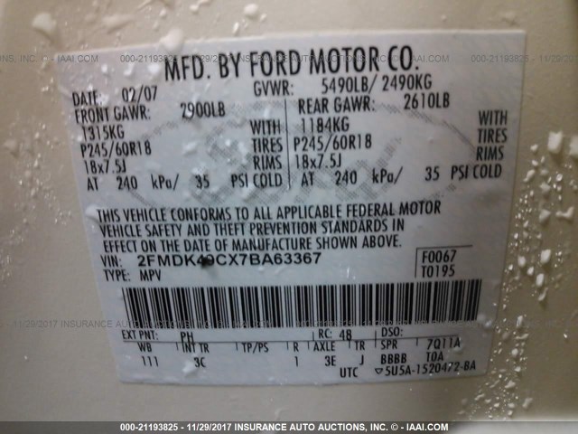 2FMDK49CX7BA63367 - 2007 FORD EDGE SEL PLUS WHITE photo 9