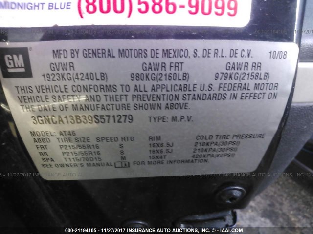 3GNCA13B39S571279 - 2009 CHEVROLET HHR LS BLACK photo 9