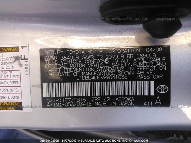 JTDBL40EX99041036 - 2009 TOYOTA COROLLA LE/XLE SILVER photo 9