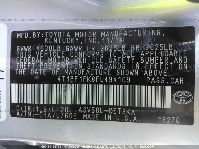 4T1BF1FK8FU494109 - 2015 TOYOTA CAMRY LE/XLE/SE/XSE 银色 照片 9