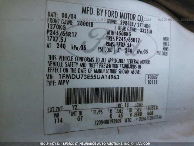 1FMDU73E55UA14963 - 2005 FORD EXPLORER XLT/XLT SPORT/NBX WHITE photo 9