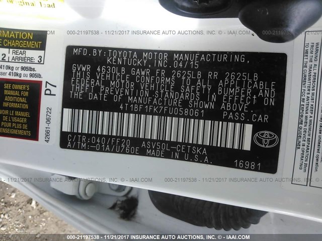 4T1BF1FK7FU058061 - 2015 TOYOTA CAMRY LE/XLE/SE/XSE WHITE photo 9