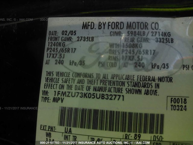 1FMZU73K05UB32771 - 2005 FORD EXPLORER XLT/XLT SPORT/NBX BLACK photo 9