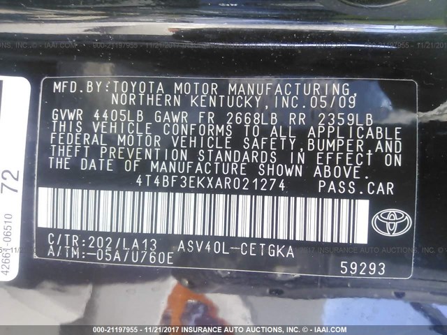 4T4BF3EKXAR021274 - 2010 TOYOTA CAMRY SE/LE/XLE BLACK photo 9