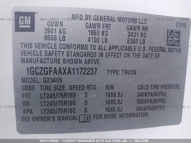 1GCZGFAAXA1172237 - 2010 CHEVROLET EXPRESS G2500  WHITE photo 9