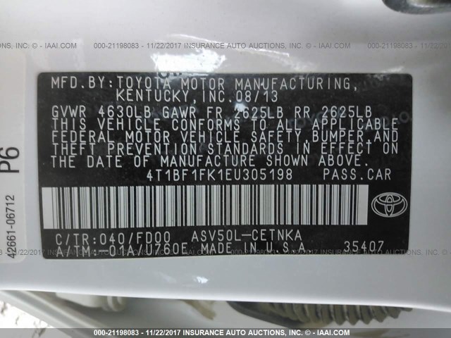 4T1BF1FK1EU305198 - 2014 TOYOTA CAMRY L/SE/LE/XLE 白色 照片 9