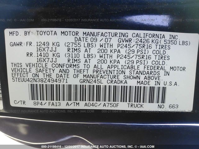 5TEUU42N38Z494971 - 2008 TOYOTA TACOMA ACCESS CAB BLUE photo 9