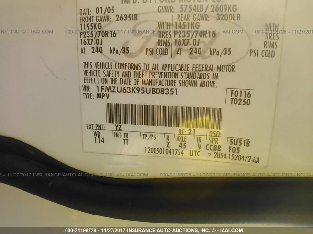 1FMZU63K95UB08351 - 2005 FORD EXPLORER XLT/XLT SPORT/NBX WHITE photo 9