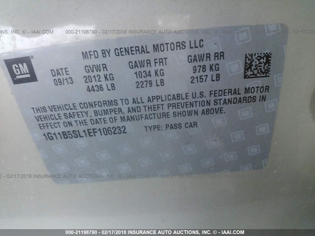 1G11B5SL1EF106232 - 2014 CHEVROLET MALIBU LS 金色 照片 9