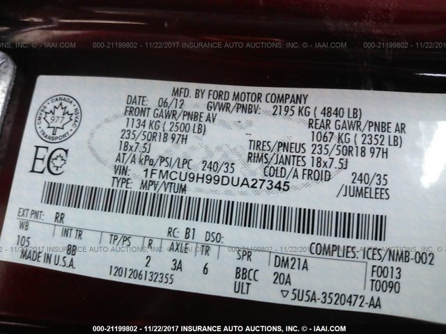 1FMCU9H99DUA27345 - 2013 FORD ESCAPE SEL BURGUNDY photo 9