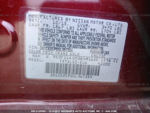 3N1CE2CP0GL367354 - 2016 NISSAN VERSA NOTE S/S PLUS/SV/SL/SR RED photo 9