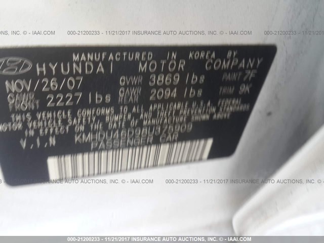 KMHDU46D98U375909 - 2008 HYUNDAI ELANTRA GLS/SE/LIMITED WHITE photo 9