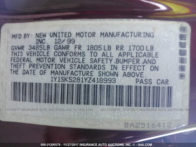 1Y1SK5281YZ418993 - 2000 CHEVROLET GEO PRIZM LSI 红色 照片 9