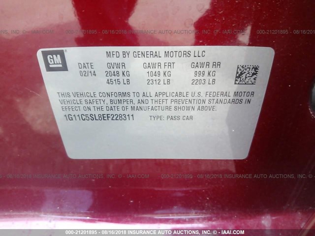 1G11C5SL8EF228311 - 2014 CHEVROLET MALIBU 1LT RED photo 9