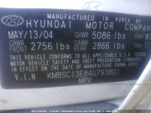 KM8SC13E84U793801 - 2004 HYUNDAI SANTA FE GLS/LX WHITE photo 9