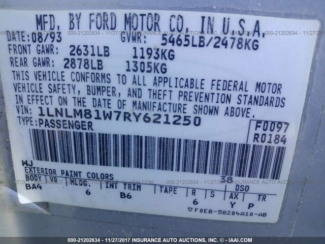 1LNLM81W7RY621250 - 1994 LINCOLN TOWN CAR EXECUTIVE Серебристый фото 9