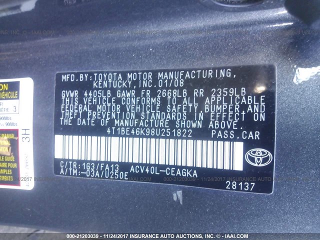 4T1BE46K98U251822 - 2008 TOYOTA CAMRY CE/LE/XLE/SE GRAY photo 9