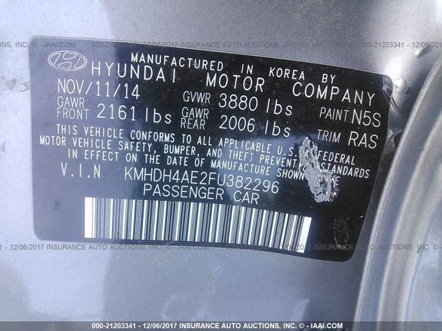 KMHDH4AE2FU382296 - 2015 HYUNDAI ELANTRA SE/SPORT/LIMITED SILVER photo 9