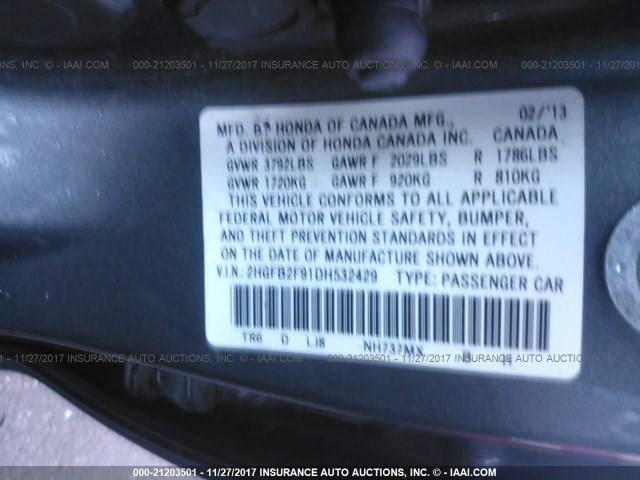 2HGFB2F91DH532429 - 2013 HONDA CIVIC EXL GRAY photo 9