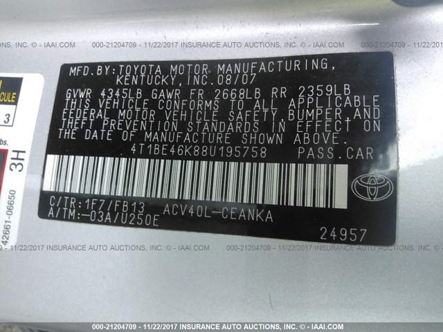 4T1BE46K88U195758 - 2008 TOYOTA CAMRY CE/LE/XLE/SE SILVER photo 9