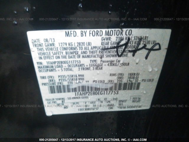 1FAHP2E80EG117753 - 2014 FORD TAURUS SEL BLACK photo 9