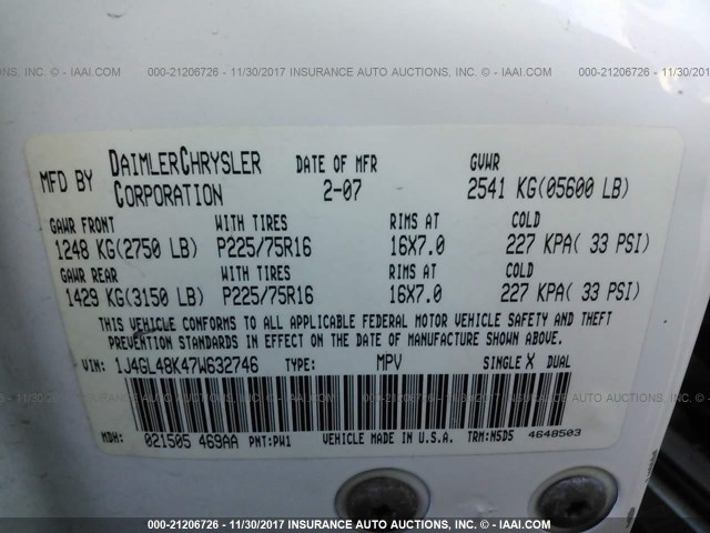 1J4GL48K47W632746 - 2007 JEEP LIBERTY SPORT 白色 照片 9