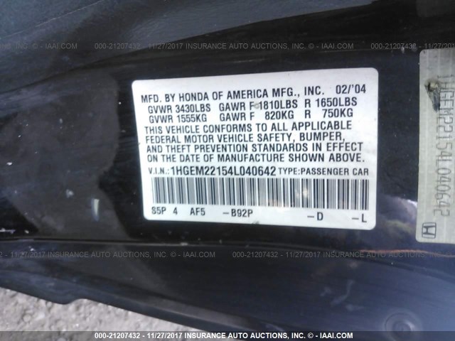 1HGEM22154L040642 - 2004 HONDA CIVIC DX VP BLACK photo 9