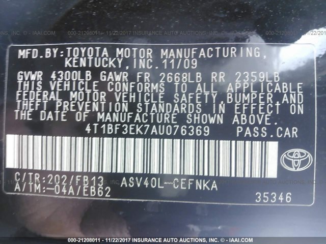 4T1BF3EK7AU076369 - 2010 TOYOTA CAMRY SE/LE/XLE BLACK photo 9