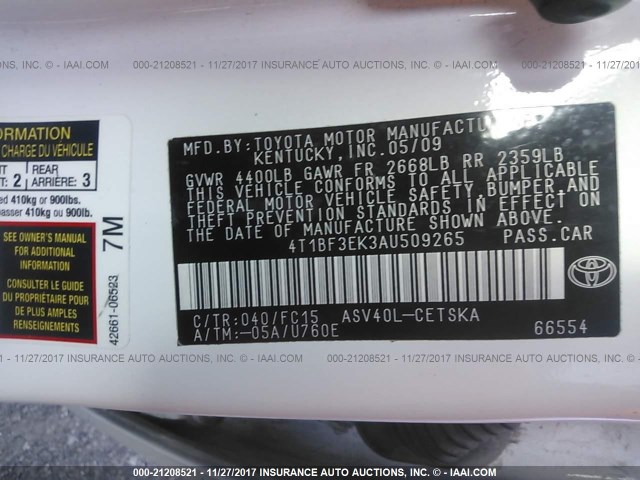 4T1BF3EK3AU509265 - 2010 TOYOTA CAMRY SE/LE/XLE WHITE photo 9