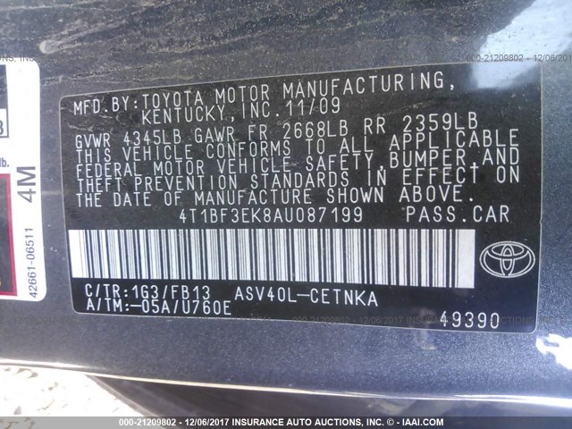 4T1BF3EK8AU087199 - 2010 TOYOTA CAMRY SE/LE/XLE 海军蓝 照片 9