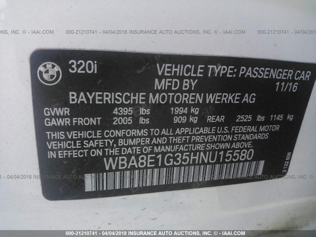 WBA8E1G35HNU15580 - 2017 BMW 320 I WHITE photo 9