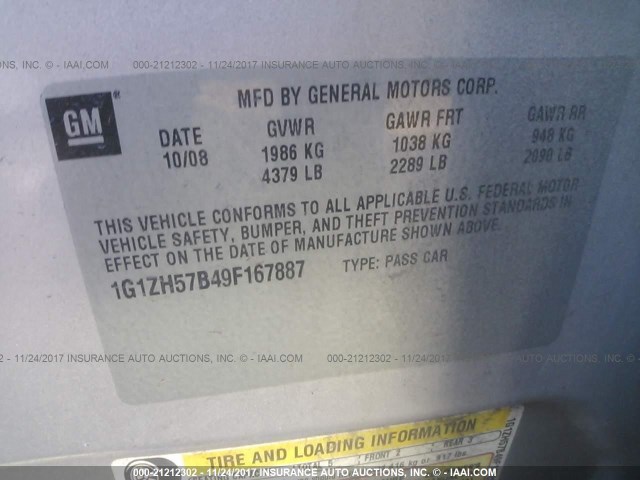 1G1ZH57B49F167887 - 2009 CHEVROLET MALIBU 1LT 银色 照片 9