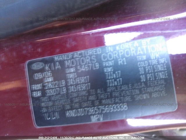 KNDJD736575693338 - 2007 KIA SORENTO EX/LX RED photo 9