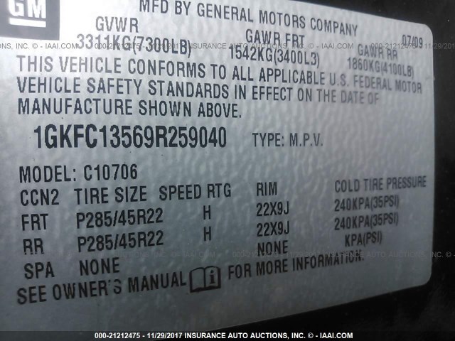 1GKFC13569R259040 - 2009 GMC YUKON HYBRID BLACK photo 9