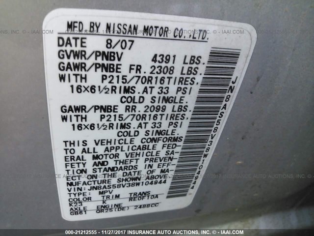 JN8AS58V38W104944 - 2008 NISSAN ROGUE S/SL SILVER photo 9