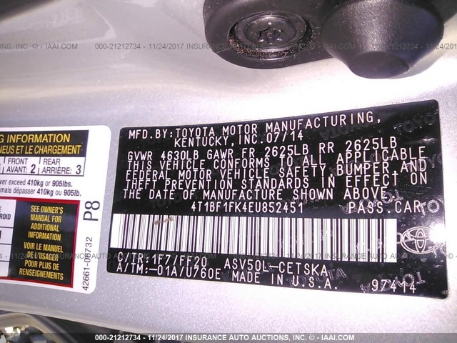 4T1BF1FK4EU852451 - 2014 TOYOTA CAMRY L/SE/LE/XLE 银色 照片 9