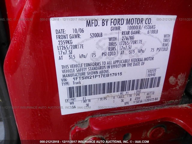 1FTSW21P17EB17615 - 2007 FORD F250 SUPER DUTY RED photo 9